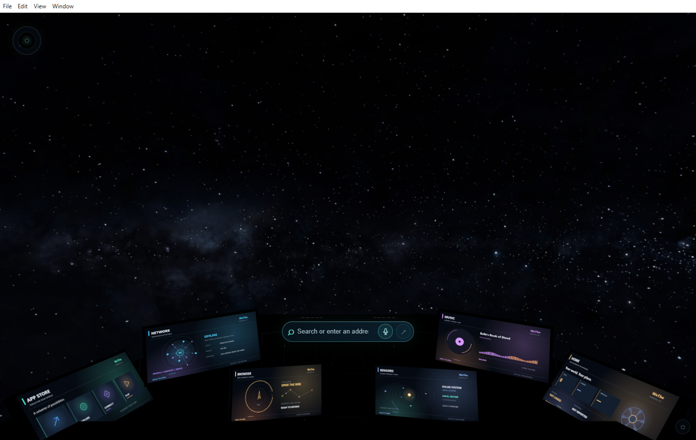 Actual early WeThe Browser spatial view with tool tiles around a search field